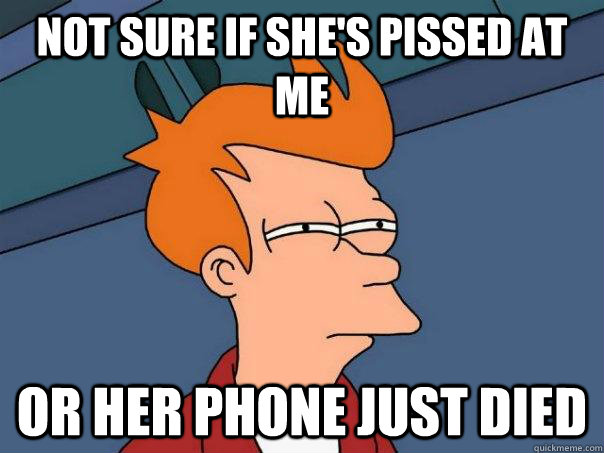 not sure if she's pissed at me Or her phone just died  Futurama Fry