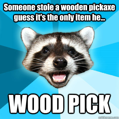 Someone stole a wooden pickaxe guess it's the only item he... WOOD PICK  Lame Pun Coon