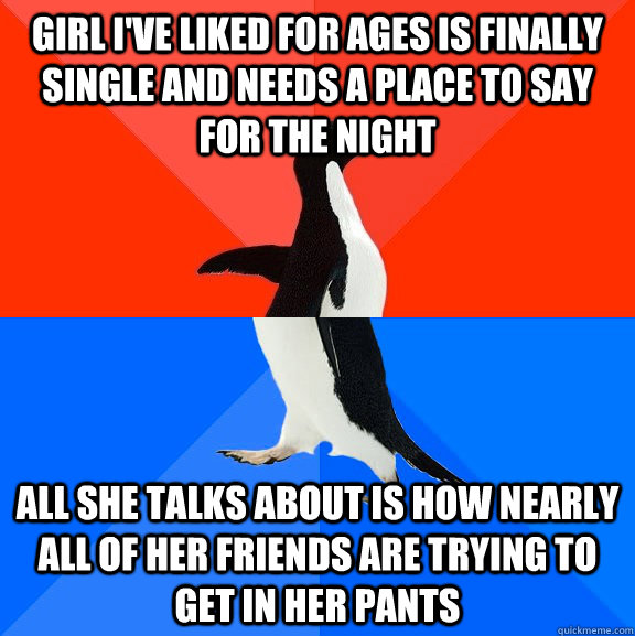 Girl I've liked for ages is finally single and needs a place to say for the night All she talks about is how nearly all of her friends are trying to get in her pants  Socially Awesome Awkward Penguin