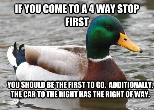 If you come to a 4 way stop first you should be the first to go.  Additionally, the car to the right has the right of way.  Actual Advice Mallard