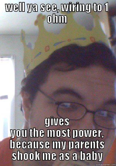 WELL YA SEE, WIRING TO 1 OHM GIVES YOU THE MOST POWER, BECAUSE MY PARENTS SHOOK ME AS A BABY Misc