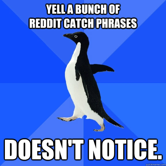 Yell a bunch of                            reddit catch phrases Doesn't notice.  Socially Awkward Penguin