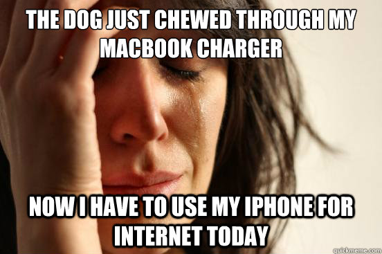 The dog just chewed through my macbook charger now I have to use my iphone for internet today  First World Problems