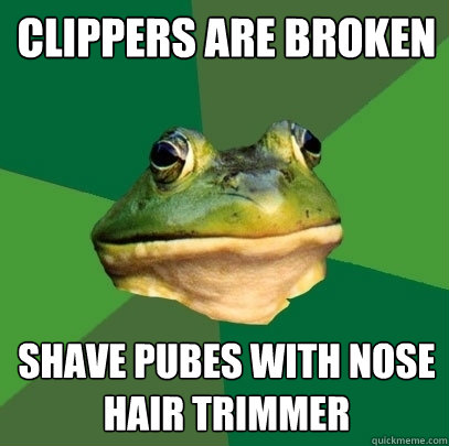 clippers are broken  shave pubes with nose hair trimmer  Foul Bachelor Frog