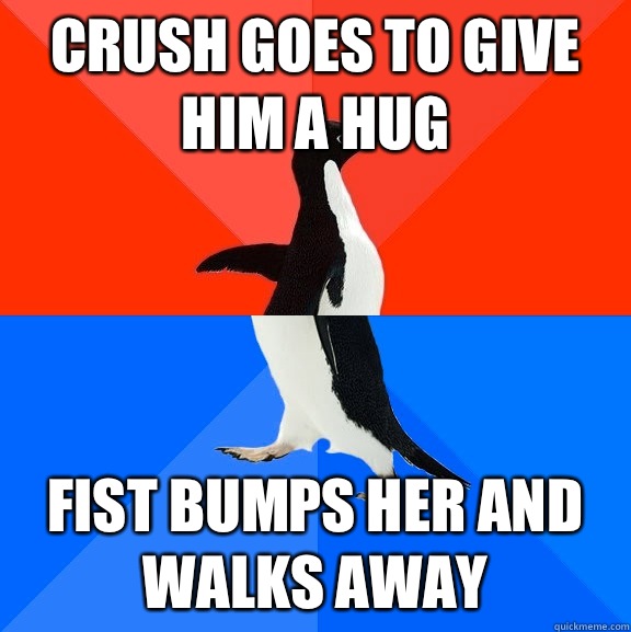Crush goes to give him a hug Fist bumps her and walks away  Socially Awesome Awkward Penguin