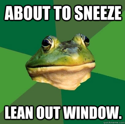 About to sneeze Lean out window.  Foul Bachelor Frog