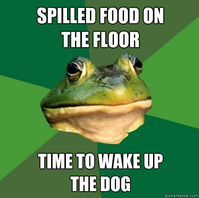 Spilled food on 
the floor Time to wake up 
the dog - Spilled food on 
the floor Time to wake up 
the dog  Foul Bachelor Frog