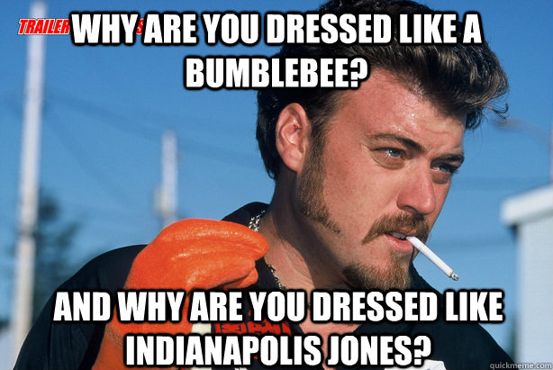 why are you dressed like a bumblebee?  And why are you dressed like indianapolis jones?  Ricky Trailer Park Boys