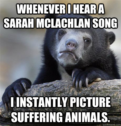 Whenever I hear a Sarah McLachlan song I instantly picture suffering animals. - Whenever I hear a Sarah McLachlan song I instantly picture suffering animals.  Confession Bear