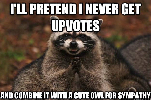 I'll pretend I never get upvotes and combine it with a cute owl for sympathy - I'll pretend I never get upvotes and combine it with a cute owl for sympathy  Evil Plotting Raccoon