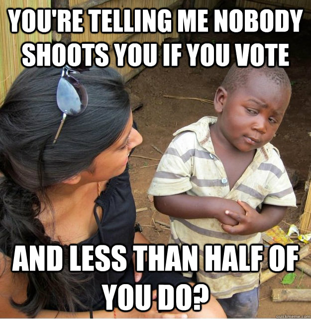 You're telling me nobody shoots you if you vote and less than half of you do?  Skeptical Third World Kid