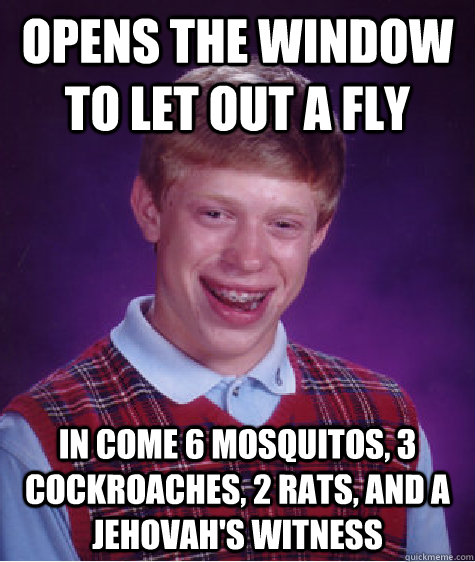 opens the window to let out a fly in come 6 mosquitos, 3 cockroaches, 2 rats, and a jehovah's witness - opens the window to let out a fly in come 6 mosquitos, 3 cockroaches, 2 rats, and a jehovah's witness  Bad Luck Brian