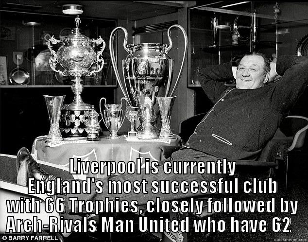 Nice work bob! -  LIVERPOOL IS CURRENTLY ENGLAND'S MOST SUCCESSFUL CLUB WITH 66 TROPHIES, CLOSELY FOLLOWED BY ARCH-RIVALS MAN UNITED WHO HAVE 62   Misc