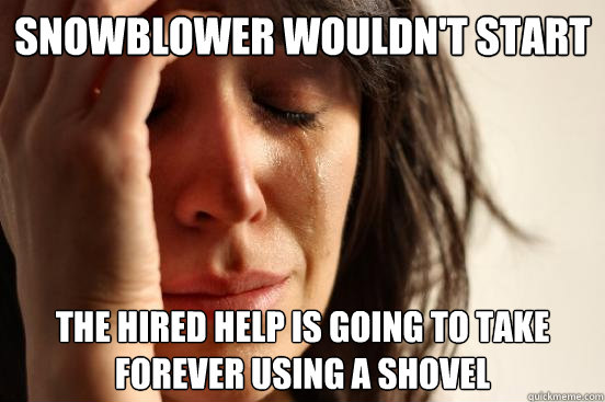 snowblower wouldn't start the hired help is going to take forever using a shovel  First World Problems