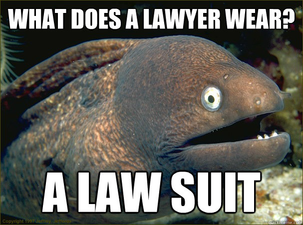 WHAT DOES A LAWYER WEAR? A LAW SUIT - WHAT DOES A LAWYER WEAR? A LAW SUIT  Bad Joke Eel