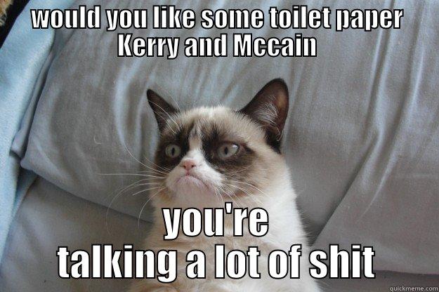 would you like some toilet paper talking a lot of shit - WOULD YOU LIKE SOME TOILET PAPER KERRY AND MCCAIN YOU'RE TALKING A LOT OF SHIT Grumpy Cat