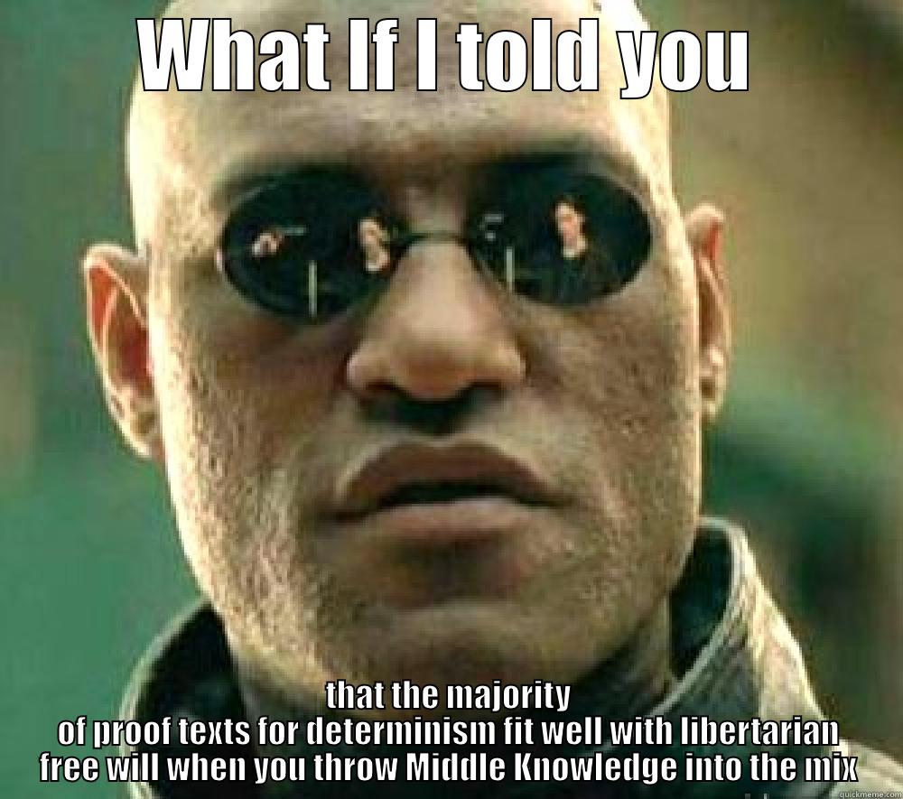 WHAT IF I TOLD YOU THAT THE MAJORITY OF PROOF TEXTS FOR DETERMINISM FIT WELL WITH LIBERTARIAN FREE WILL WHEN YOU THROW MIDDLE KNOWLEDGE INTO THE MIX Misc