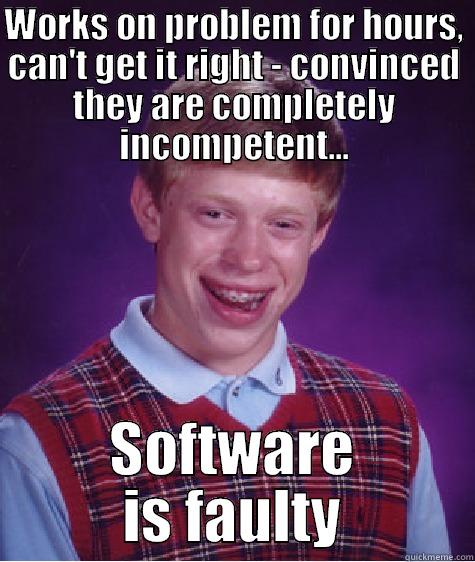 WORKS ON PROBLEM FOR HOURS, CAN'T GET IT RIGHT - CONVINCED THEY ARE COMPLETELY INCOMPETENT... SOFTWARE IS FAULTY Bad Luck Brian