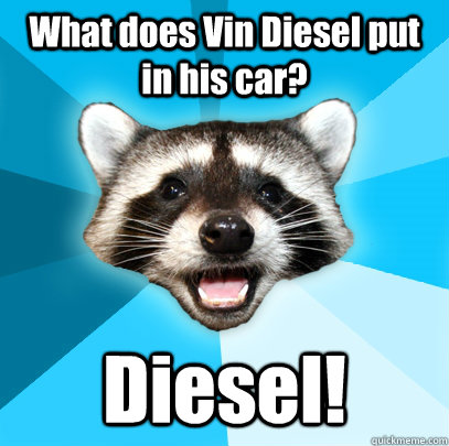 What does Vin Diesel put in his car? Diesel!  Lame Pun Coon