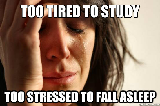 Too tired to study too stressed to fall asleep  First World Problems