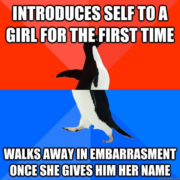 Introduces self to a girl for the first time walks away in embarrasment once she gives him her name  Socially Awesome Awkward Penguin