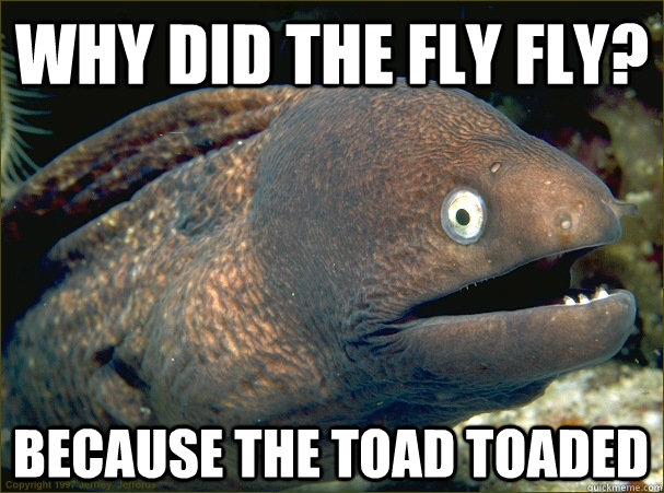 why did the fly fly? because the toad toaded  Bad Joke Eel