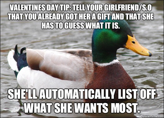Valentines Day Tip: Tell your girlfriend/S.O that you already got her a gift and that she has to guess what it is. She'll automatically list off what she wants most.  Actual Advice Mallard