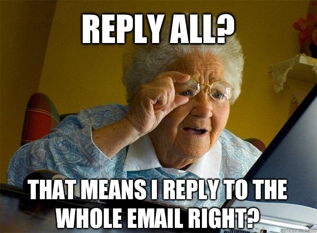 REPLY ALL? THAT MEANS I REPLY TO THE WHOLE EMAIL RIGHT?   - REPLY ALL? THAT MEANS I REPLY TO THE WHOLE EMAIL RIGHT?    Grandma finds the Internet