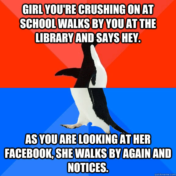 Girl you're crushing on at school walks by you at the library and says hey. As you are looking at her facebook, she walks by again and notices.  Socially Awesome Awkward Penguin