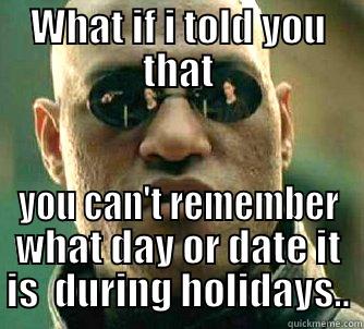 WHAT IF I TOLD YOU THAT YOU CAN'T REMEMBER WHAT DAY OR DATE IT IS  DURING HOLIDAYS.. Matrix Morpheus