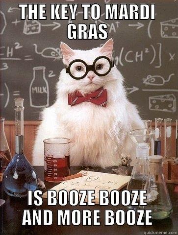 MARDI GRAS MEMES - THE KEY TO MARDI GRAS IS BOOZE BOOZE AND MORE BOOZE Chemistry Cat