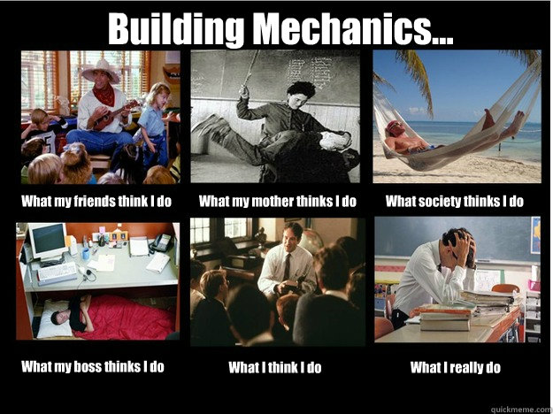 Building Mechanics... What my friends think I do What my mother thinks I do What society thinks I do What my boss thinks I do What I think I do What I really do  What People Think I Do
