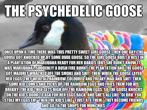 The Psychedelic Goose Once upon a time there was this pretty sweet girl goose. Then one day, the goose got knocked up by some dude goose. So the girl goose built a nest in a plantation of marijuana ready for her babies (but she didn't know it was marijuan  The Psychedelic Goose