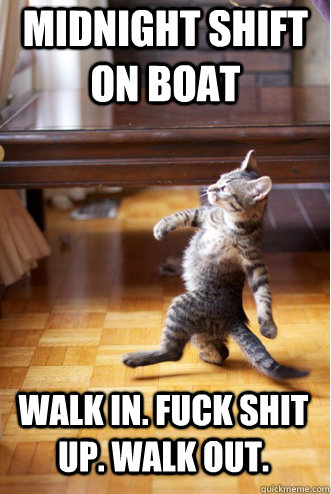 MIDNIGHT SHIFT ON BOAT WALK IN. FUCK SHIT UP. WALK OUT. - MIDNIGHT SHIFT ON BOAT WALK IN. FUCK SHIT UP. WALK OUT.  Pimp Strut Cat