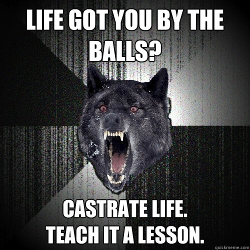 life got you by the balls? castrate life.
teach it a lesson.  Insanity Wolf