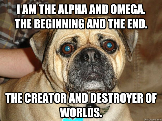 I am the alpha and omega.      The beginning and the end. The creator and destroyer of worlds.  Profound Derp Dog