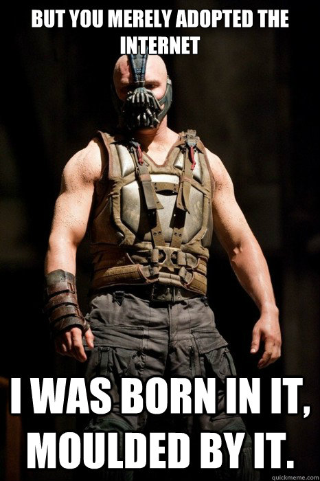 But you merely adopted the Internet I was born in it, moulded by it.  Permission Bane