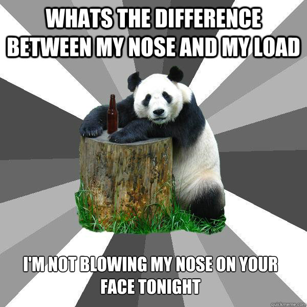 WHATS THE DIFFERENCE BETWEEN MY NOSE AND MY LOAD I'M NOT BLOWING MY NOSE ON YOUR 
FACE TONIGHT  Pickup-Line Panda