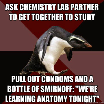 ask chemistry lab partner to get together to study pull out condoms and a bottle of smirnoff: 