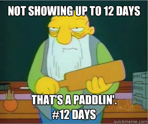 Not showing up to 12 days That's a paddlin'.
#12 days  Paddlin Jasper