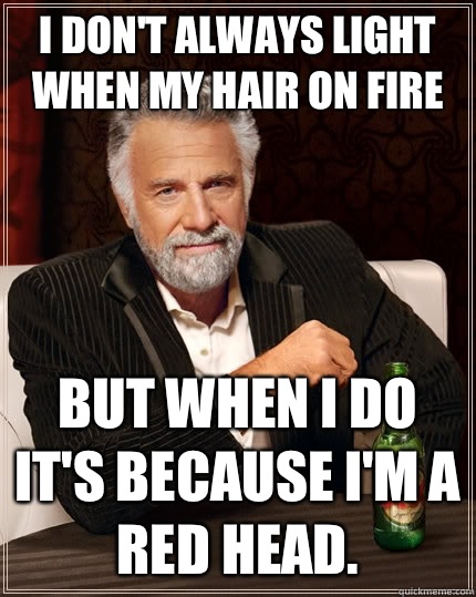 I don't always light when my hair on fire but when I do it's because I'm a red head.   The Most Interesting Man In The World