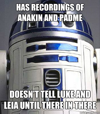 has recordings of anakin and padme doesn't tell luke and leia until there in there late 40's  r2d2