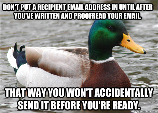 Don't put a recipient email address in until after you've written and proofread your email. That way you won't accidentally send it before you're ready.  Actual Advice Mallard