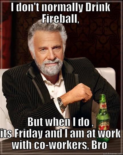 I DON'T NORMALLY DRINK FIREBALL, BUT WHEN I DO , ITS FRIDAY AND I AM AT WORK WITH CO-WORKERS, BRO  The Most Interesting Man In The World