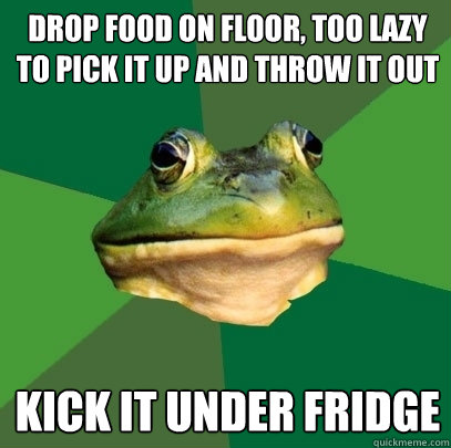 drop food on floor, too lazy to pick it up and throw it out kick it under fridge  Foul Bachelor Frog