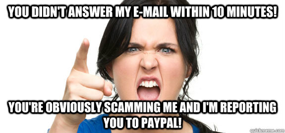 You didn't answer my e-mail within 10 minutes! You're obviously scamming me and I'm reporting you to paypal!  Angry Customer