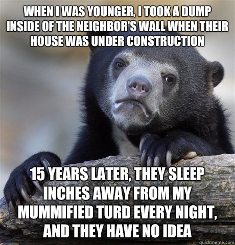When I was younger, I took a dump inside of the neighbor's wall when their house was under construction 15 years later, they sleep inches away from my mummified turd every night, and they have no idea  Confession Bear