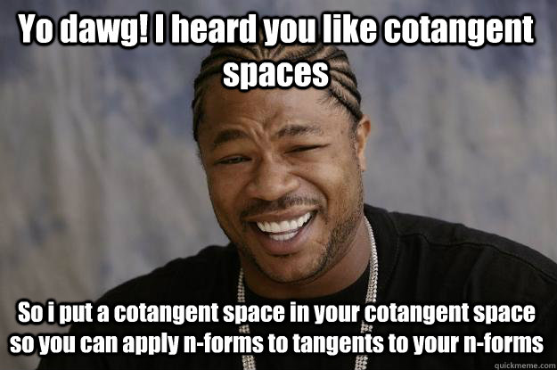 Yo dawg! I heard you like cotangent spaces So i put a cotangent space in your cotangent space so you can apply n-forms to tangents to your n-forms   - Yo dawg! I heard you like cotangent spaces So i put a cotangent space in your cotangent space so you can apply n-forms to tangents to your n-forms    Xzibit meme
