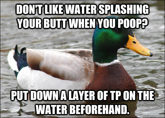 Don't like water splashing your butt when you poop? put down a layer of TP on the water beforehand.  Actual Advice Mallard