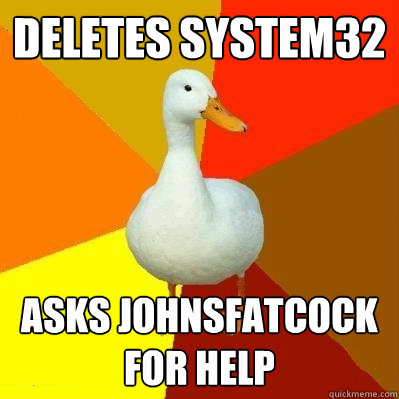Deletes System32 Asks Johnsfatcock for help  Tech Impaired Duck